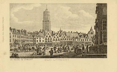 603360 Gezicht op de Neude te Utrecht met graanverkopers, uit het noordwesten, met rechts een gedeelte van het hoekhuis ...